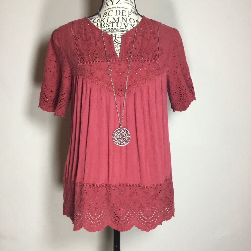 Red eyelet lace floaty top short sleeve v neck hippie 100% cotton casual fairy S